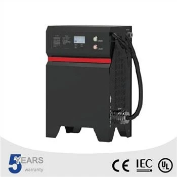 Black floor-standing industrial battery charger cabinet with display and charging cable