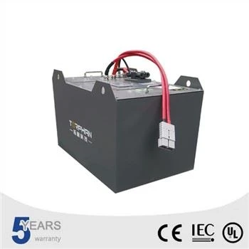Dark grey lithium ion forklift battery pack with red cables and connector