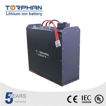 Tall dark lithium ion forklift battery pack with red cables