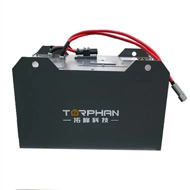 Black wide lithium ion forklift battery pack with red cables