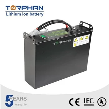 Black lithium forklift battery pack with handle and warning labels