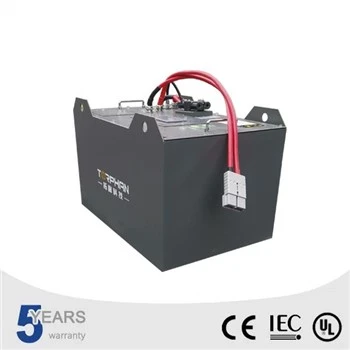 Dark grey lithium forklift battery pack with red cables